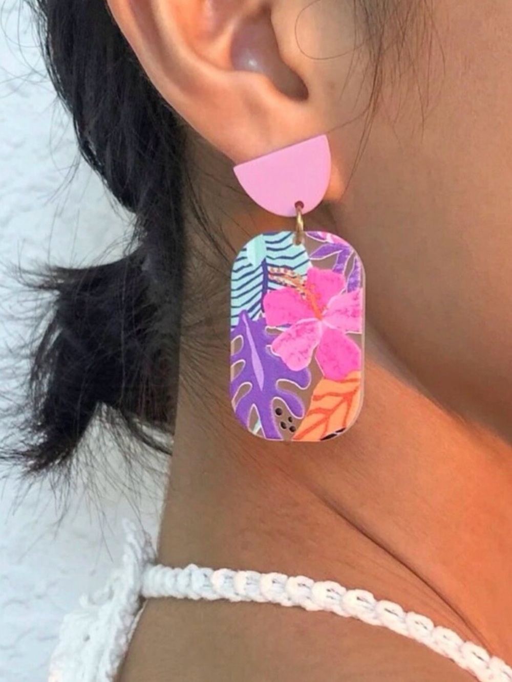 Pink Tropical Floral Drop Earrings - Women Jewelry